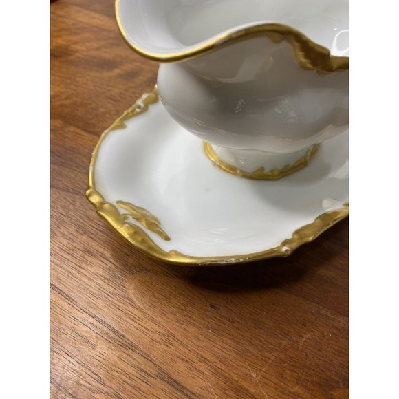 Limoges France Gravy Boat Dish Serving Bowl White Gold Scalloped Porcelain - Picture 10 of 11
